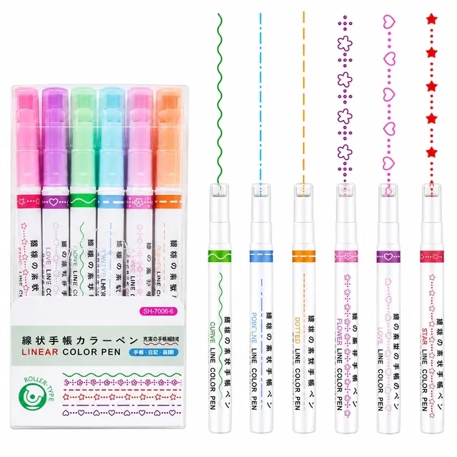 Linear Roller 6 Color Pens Highlighters with 6 Different Curve Shapes Superfine Nib Sketch Pens (Pack of 6, Multicolor)