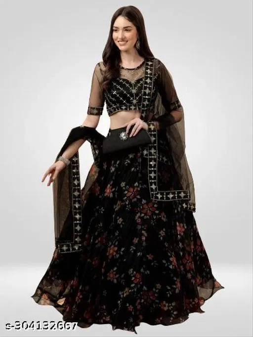 Lehenga Choli for Women (Black, Semi Stitched)
