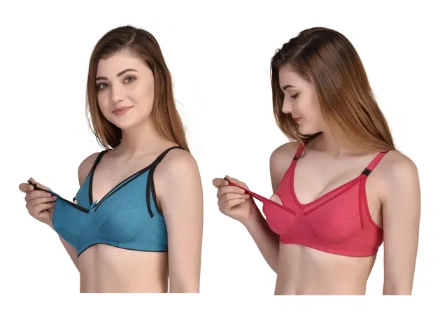 Cotton Blend Solid Non Padded Feeding Bras for Women (Multicolor, 38) (Pack of 2)