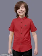 Solid Cotton Blend Mandarin Collar Short Sleeve Shirt for Boys 
