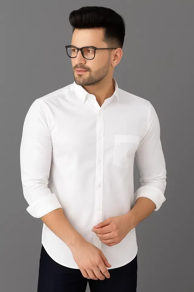 Cotton Blend Solid Full Sleeves Shirt for Men (White, L)