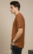 Polyester Round Neck T-shirt for Men, Brown 