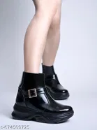 Solid Patent Leather Heeled Boots for Women Black 