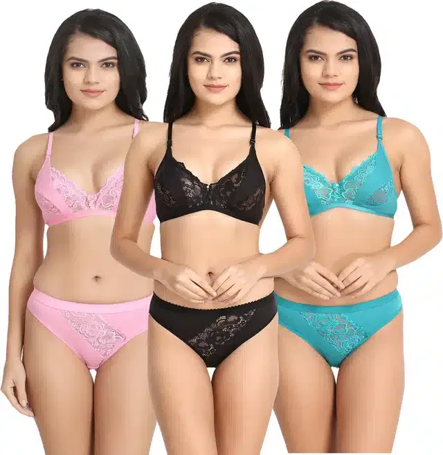 Silk Blend Lingerie Set for Women (Multicolor, 34) (Set of 3)