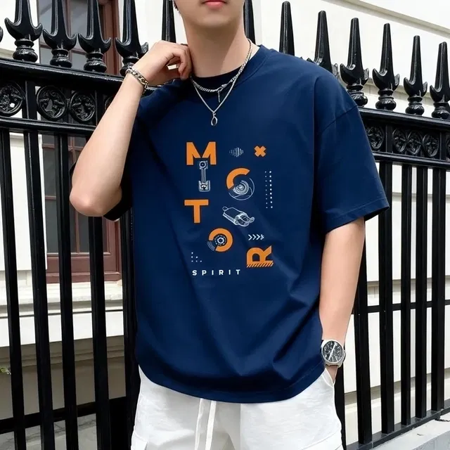 Cotton Round Neck-T-shirt for Men, Navy Blue (L)