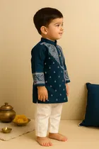 Dupion Silk Printed Kurta with Payjama for Boys, Teal & White 