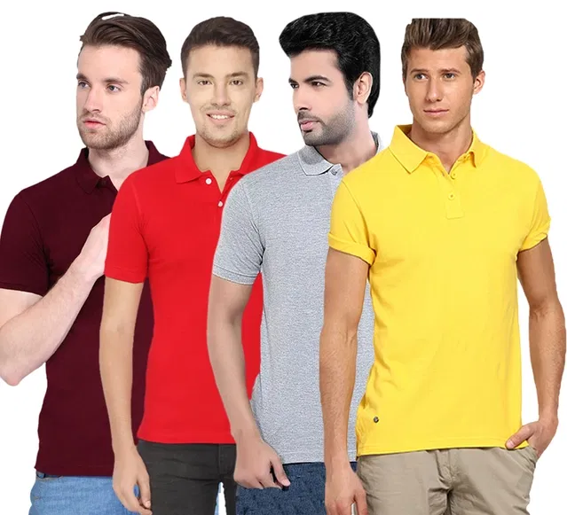 Polo Solid Pack of 4 T-shirts for Men (Multicolor, L)
