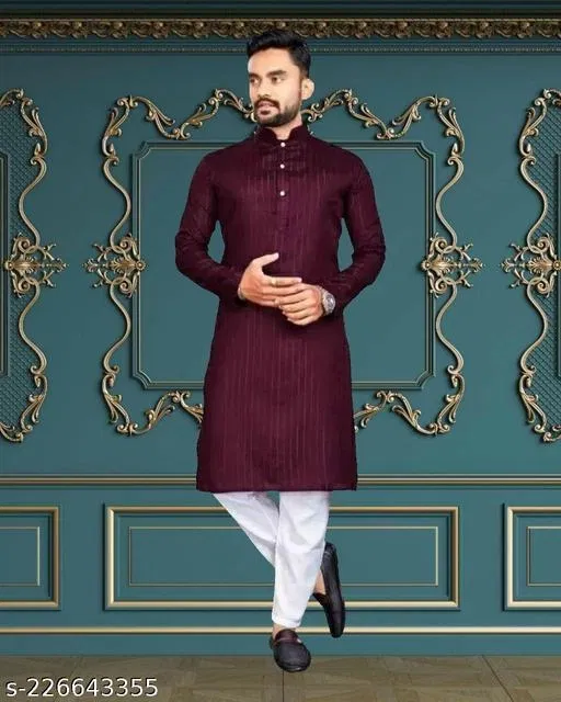 Mandarin Neck Kurta for Men (Maroon, L)