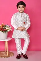 Cotton Blend Embroidered 3 Pcs Sherwani Set for Kids (Cream, 1-2 Years)