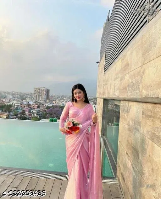 Georgette Embellished Saree For Women, Pink