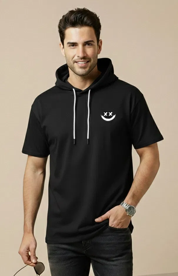 Polyester Printed T-shirt for Men, Black (XL)