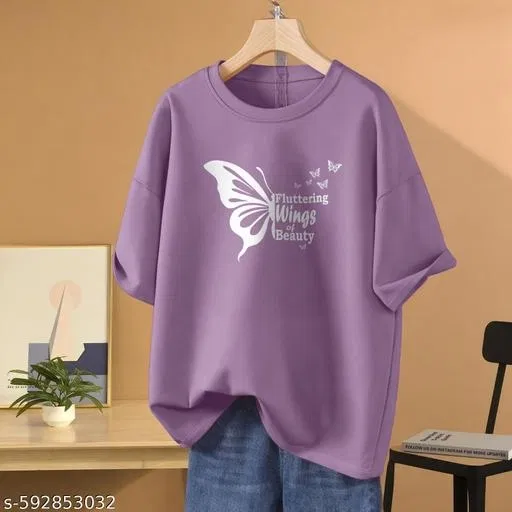 Cotton Blend Printed T-shirt for Women, Purple (S)