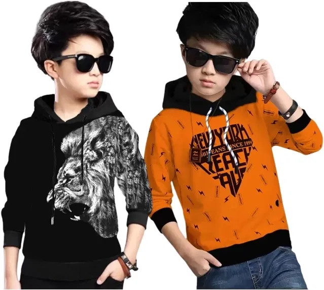 Cotton Blend Printed Hoodies for Boys (Black & Orange, 9-10 Years) (Pack of 2)