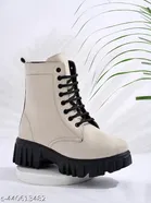 Shoetopia Solid Block Heel Boots Cream 