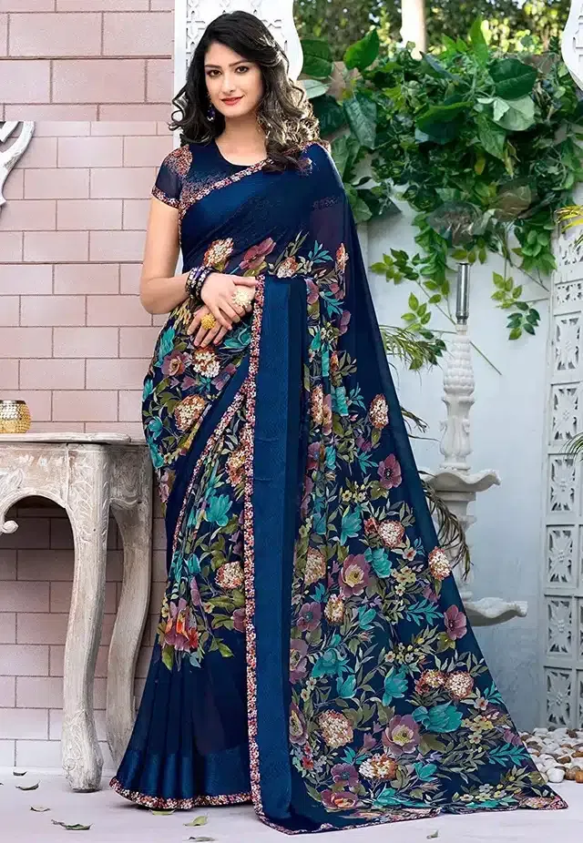 Georgette Saree with Unstitched Blouse Piece for Women (Blue, 6 m)