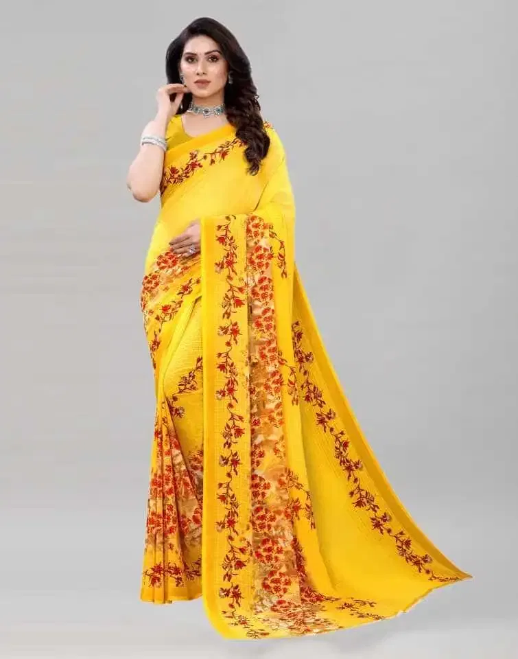 कनूड़ा फैंसी विमेंस जॉर्जेट फ्लावर प्रिंटेड साड़ी (येलो) (K-08)