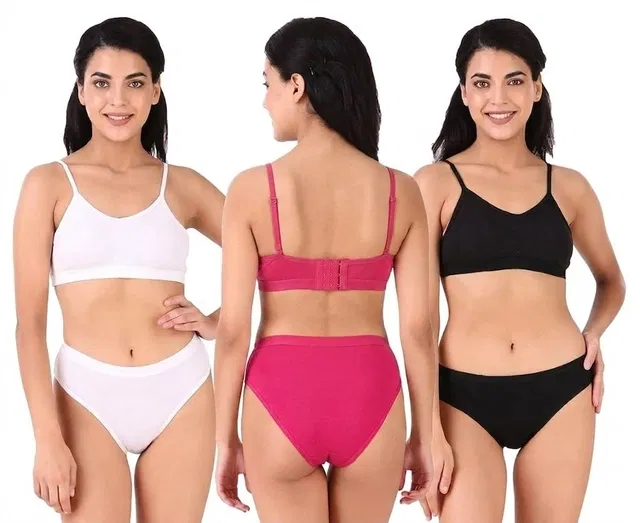 Padded T-Shirt Bra & Panty Set for Women, Pack of 3 (Multicolor, 30)