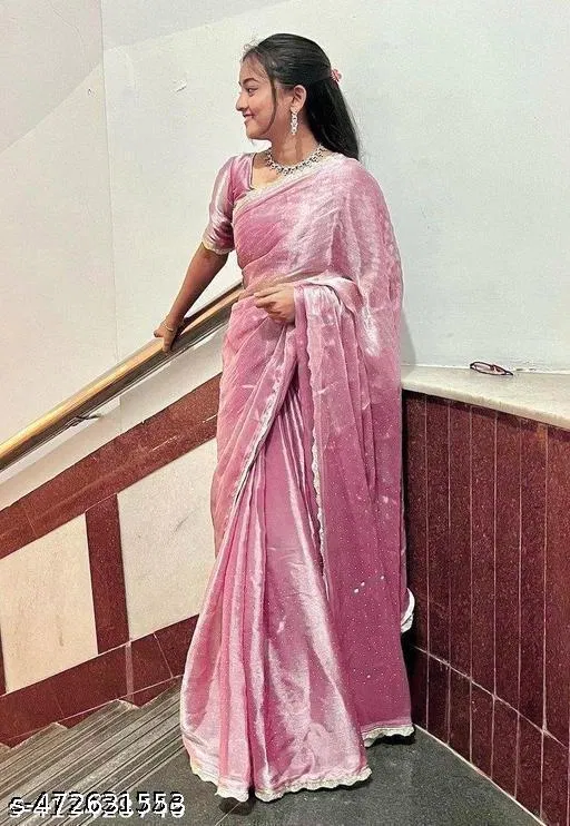 Twil net Saree for Women, Pink (5.5 M)