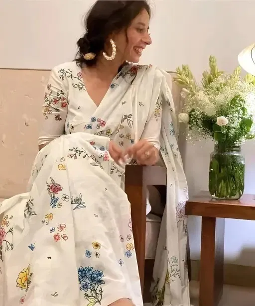Cotton Linen Printed Saree for Women (White, 6.3 m)