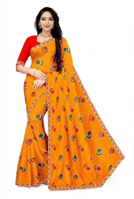 Georgette Embroidered Saree for Women (Yellow)