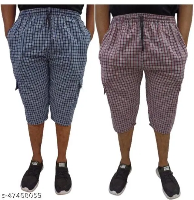 Cotton Three Fourths for Mens (Blue & Red, 44) (Pack of 2)