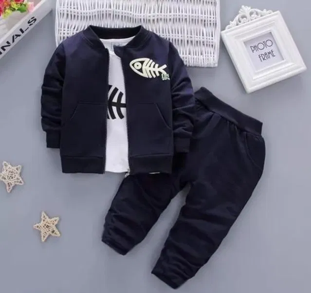 Hosiery Printed T-Shirt with Jacket & Pant Set for Kids (Navy Blue & White, 0-1 Years)