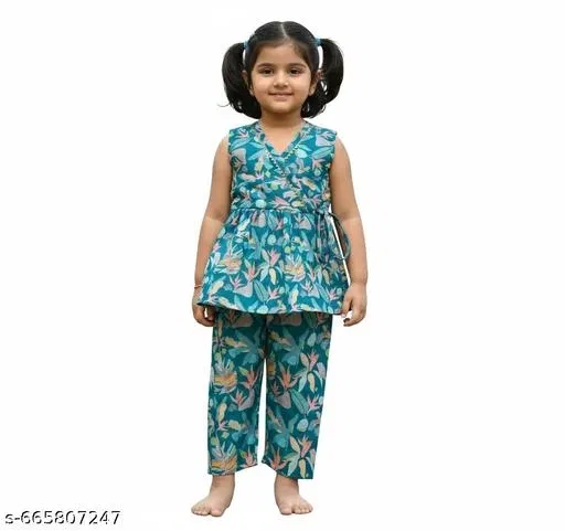 Rayon Slub Printed Clothing Set for Girls, Green, Pack of 1 (9-12 Months)