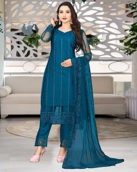 Net Solid Kurta Set with Dupatta for Women (Teal, L)