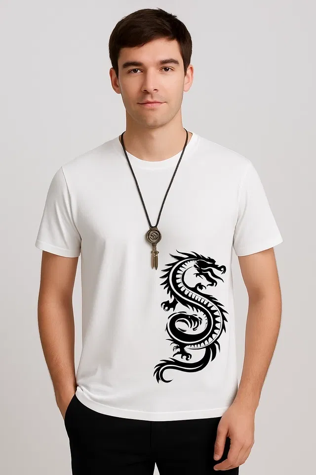 Round Neck Printed T-Shirt for Men (White, XXL)