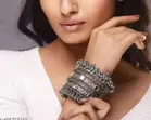 Kundan Studded Ghungroo Cuff Bracelet for Women, Silver