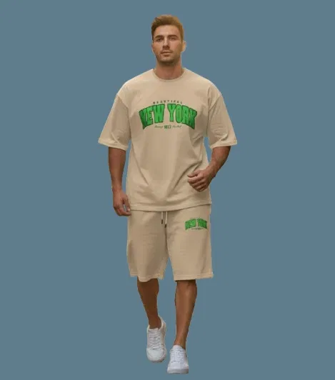 Polyester Printed T-shirt With Matching Shorts, Beige (M)