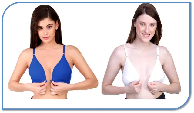 Cotton Solid Front Open Non-Padded Bra for Women (Blue & White, 34) (Pack of 2)