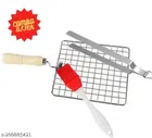 Stainless Steel BBQ Grill with Cooking Tong & Oil Brush (Red & Silver, Set of 3)