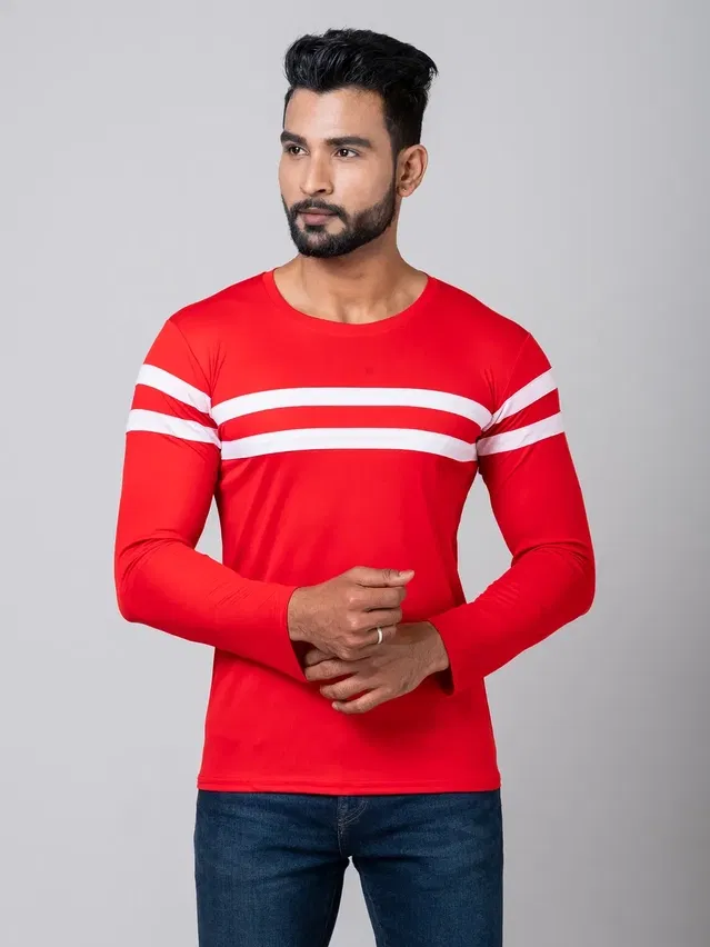 Cotton Blend Round Neck T-shirt for Men, Red (L)