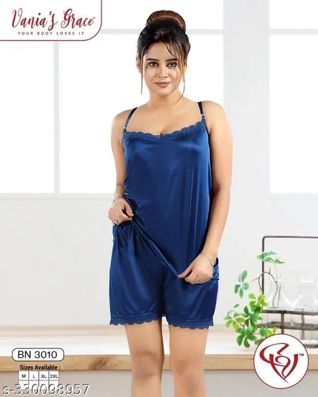 Satin Nightsuit for Women (Blue, M)