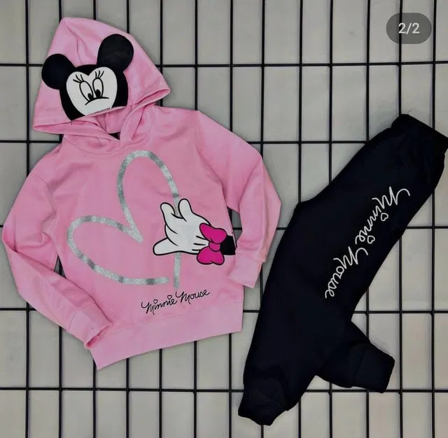 Hosiery Printed Clothing Set for Kids (Pink & Black, 12-18 Months)