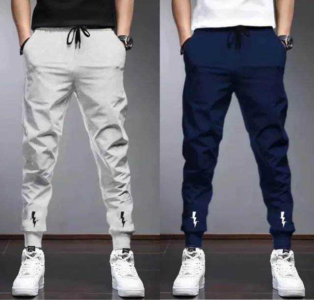 Polyblend Printed Trackpants for Men, Grey & Navy Blue, Pack of 2 (M)