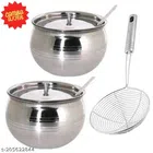 Stainless Steel Oil Container Pot Set (2 Pcs) with Deep Frying Pan (Silver, Set of 3)