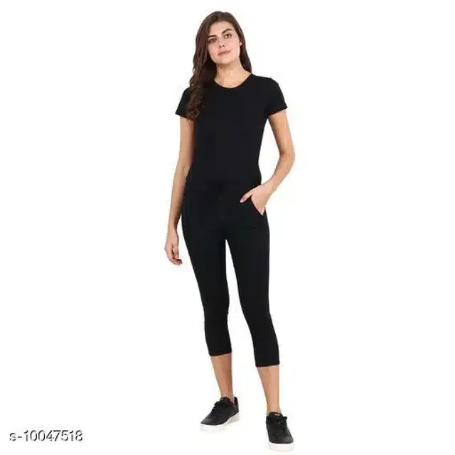 Half Sleeves Top & Bottom Set for Women (Black, L)
