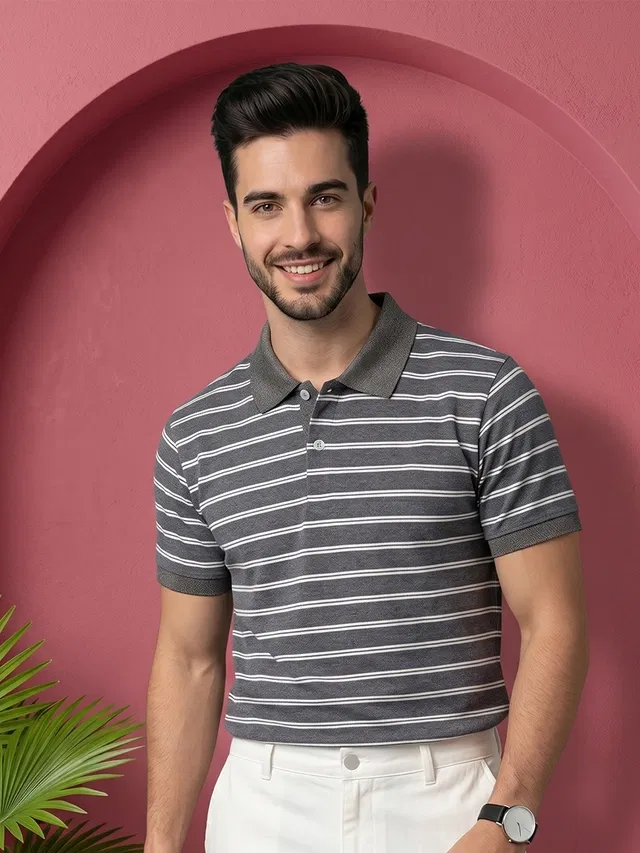 Striped Polo T-shirt for Men (Green Melange, M)