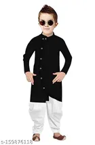 Cotton Solid Kurta with Pyjama for Boys (2-3 Years, Black & White)