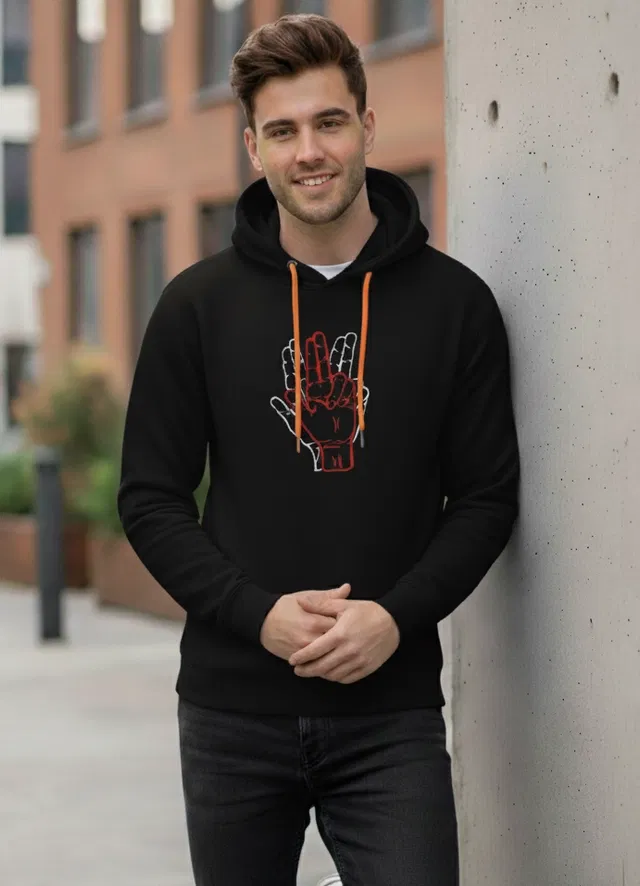 Fleece Printed Hoodie for Men, Black (L)