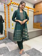 Art Silk Embellished Kurti with Pant & Dupatta for Women (Bottle Green, XS)