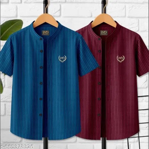 Striped Cotton Blend Mandarin T-Shirt for Boys (Maroon, 8-9 Years)