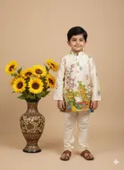 Silk Blend Printed Kurta & Payjama Set For Boys, Cream 