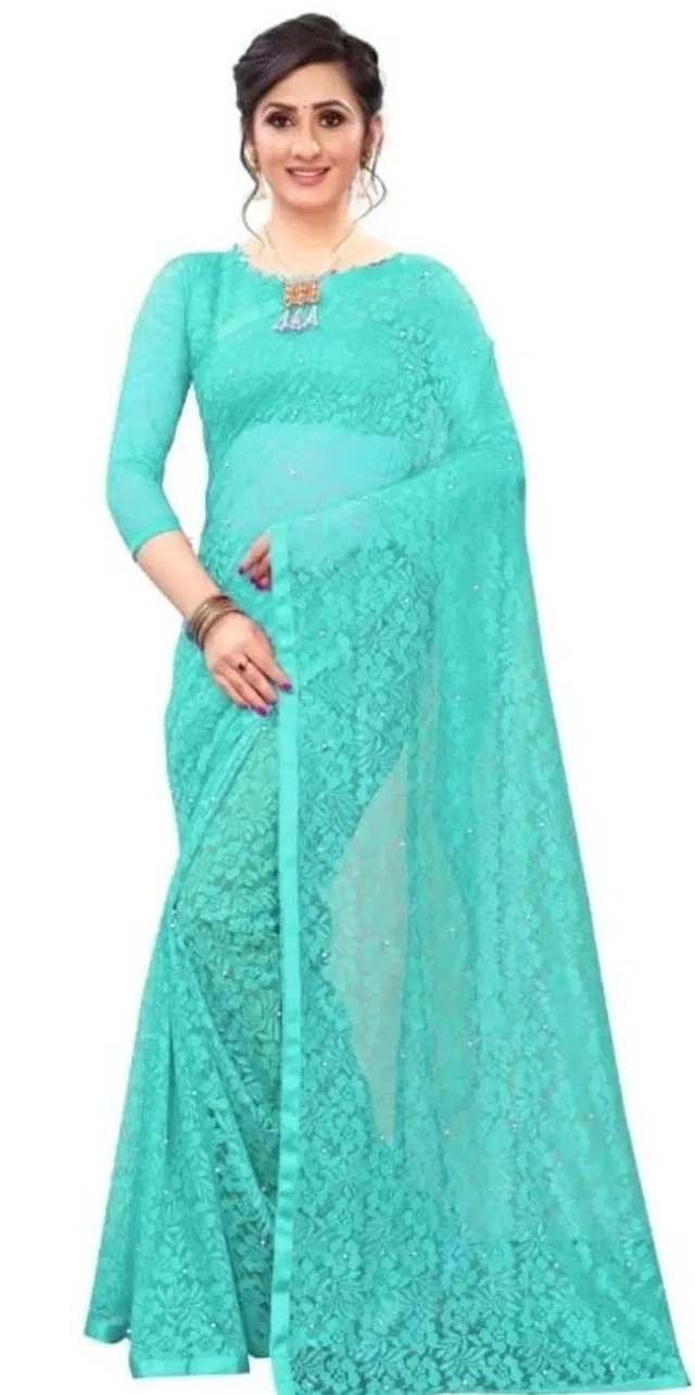 Net Floral Saree for Women (Aqua Blue, 6.3 m)