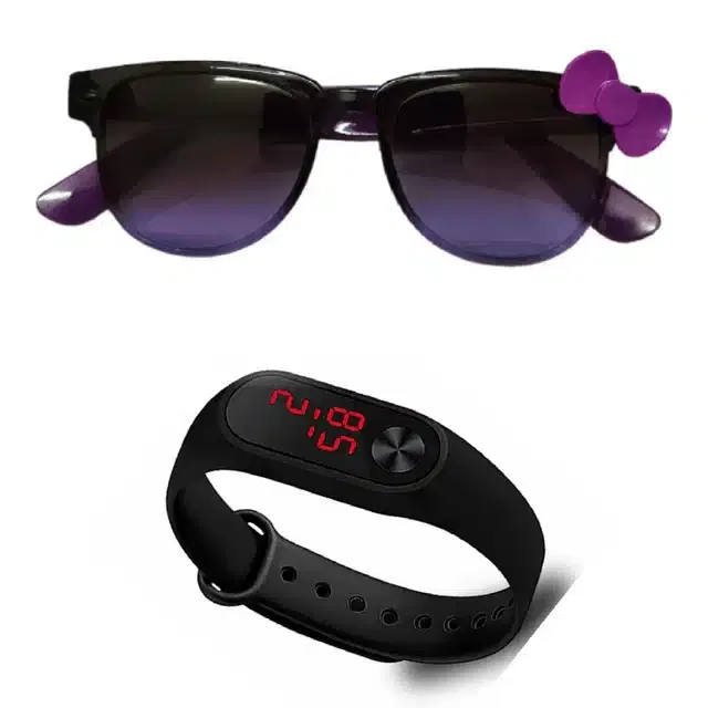 UV Protected Sunglass with Digital Watch for Boys & Girls (Purple & Black, Set of 2)