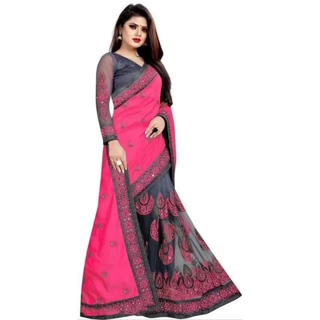 Net Embroidered Saree for Women (Pink)