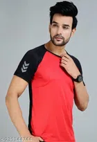 Round Neck Solid T-Shirt for Men (Red & Black, M)