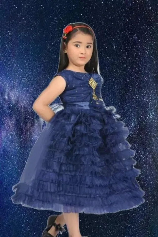 Cotton Blend Frock for Girls (Navy Blue, 0-1 Years)